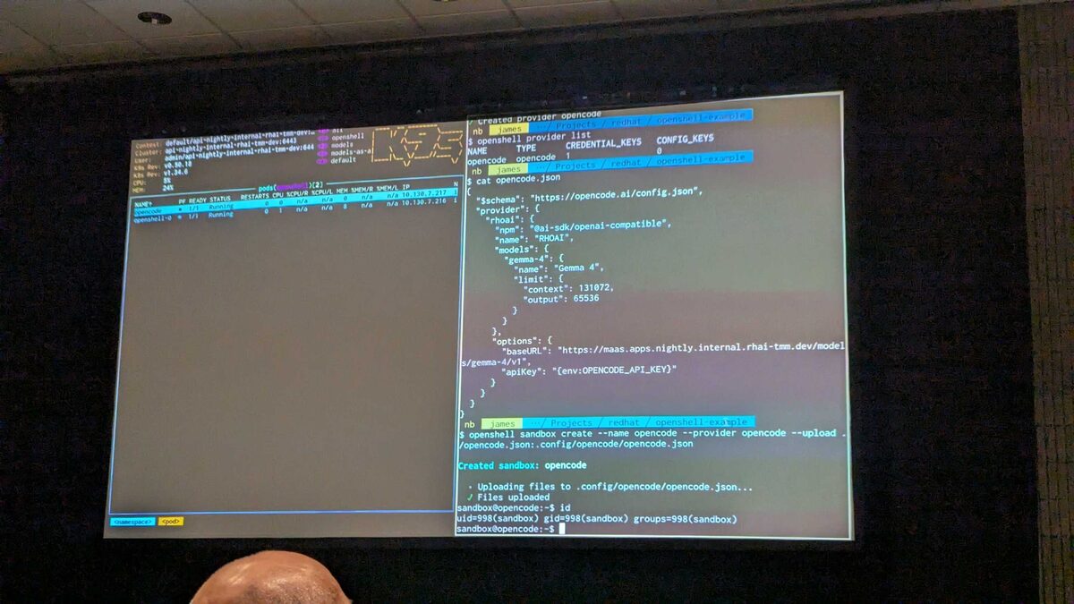 OpenShell sandbox configuration β opencode.json with Gemma 4 model, RHOAI provider, 131K context