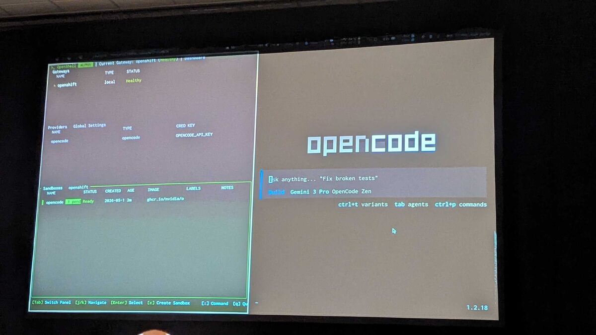 OpenShell dashboard β Gateway openshift healthy, Provider opencode, Sandbox ready on ghcr.io/nvidia