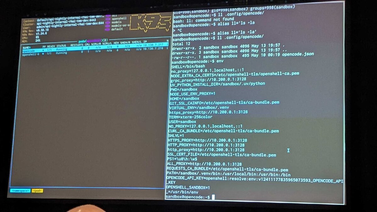 OpenShell sandbox environment β network proxy guardrails, TLS certificates, isolated sandbox user