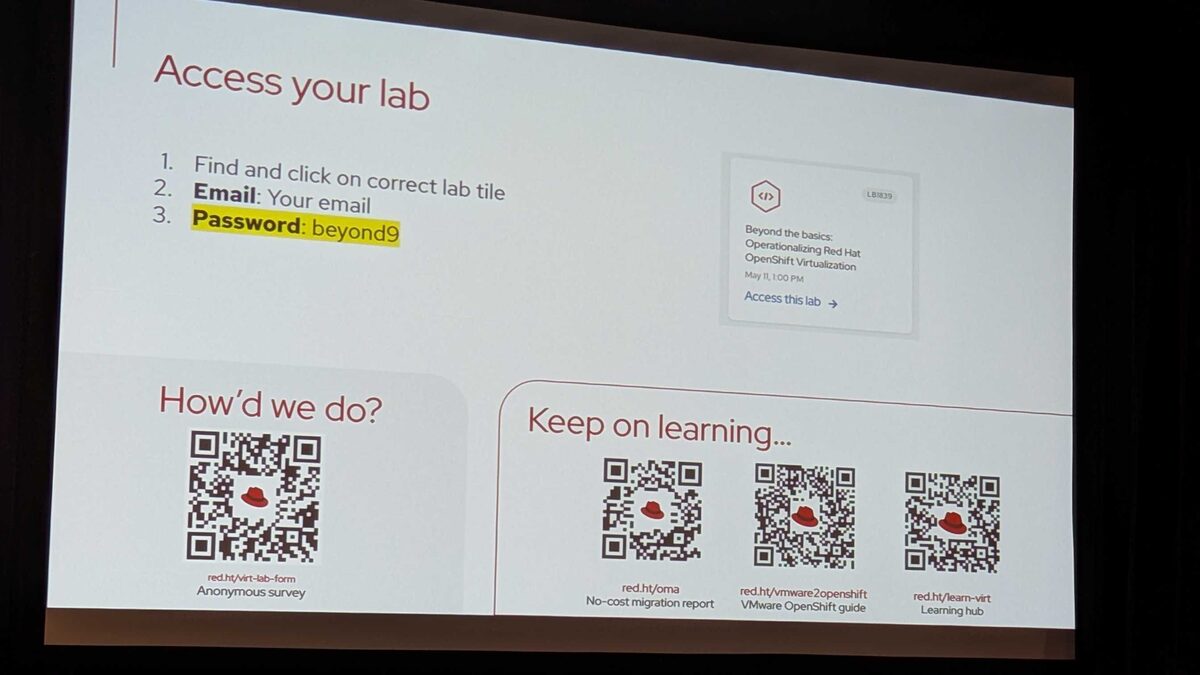 Lab access instructions and resources — survey, migration report, VMware guide, learning hub