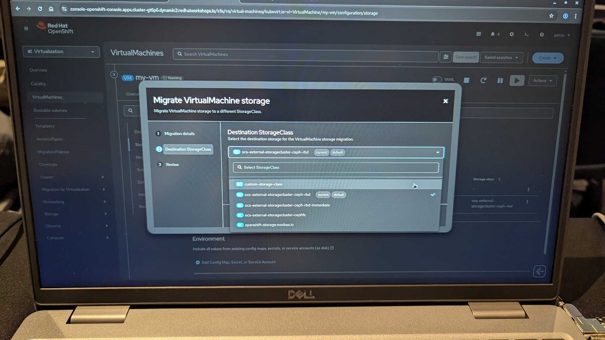 Destination StorageClass selection — ceph-rbd, ceph-rbd-immediate, cephfs, noobaa options