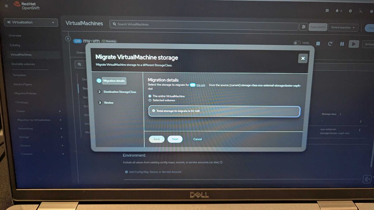 Storage migration wizard — migration details showing 50 GiB total