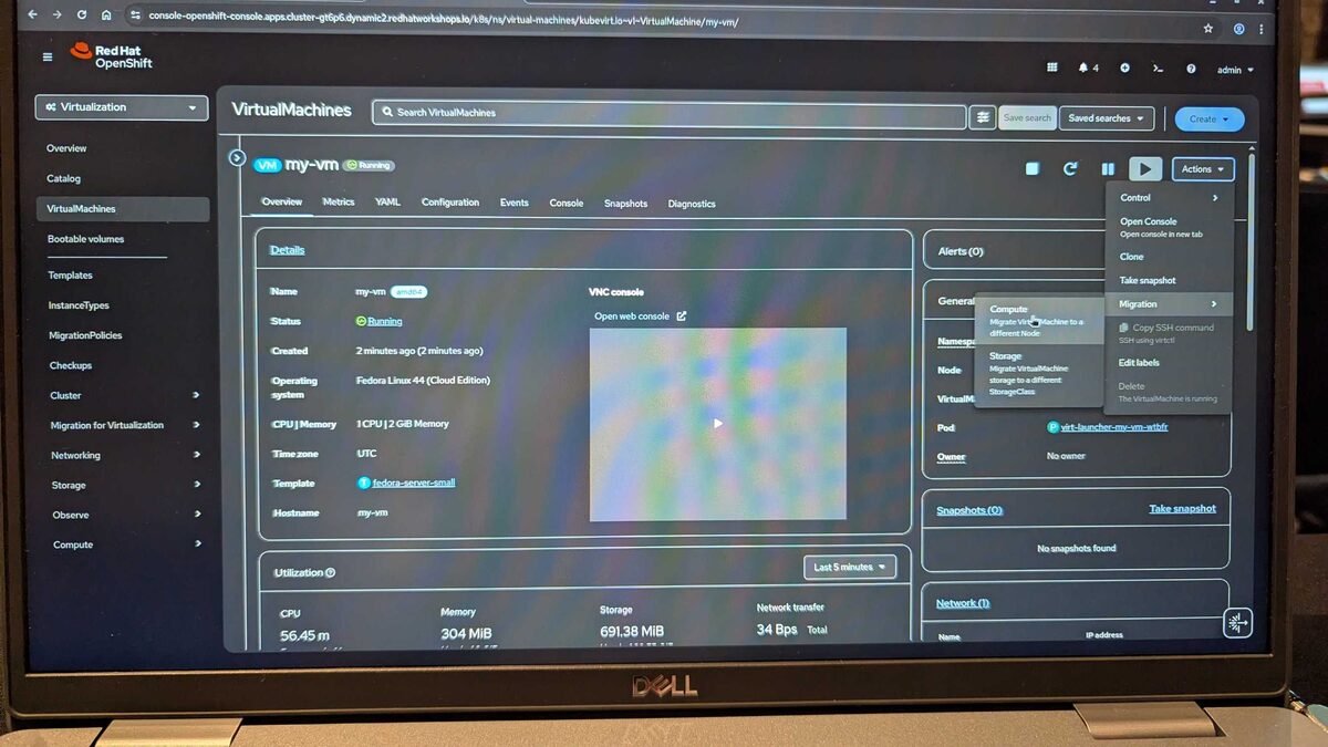 VM Actions menu — Compute migration and Storage migration options