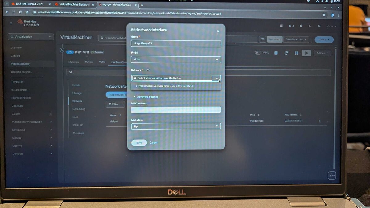 Adding a network interface — virtio model, NetworkAttachmentDefinition selection