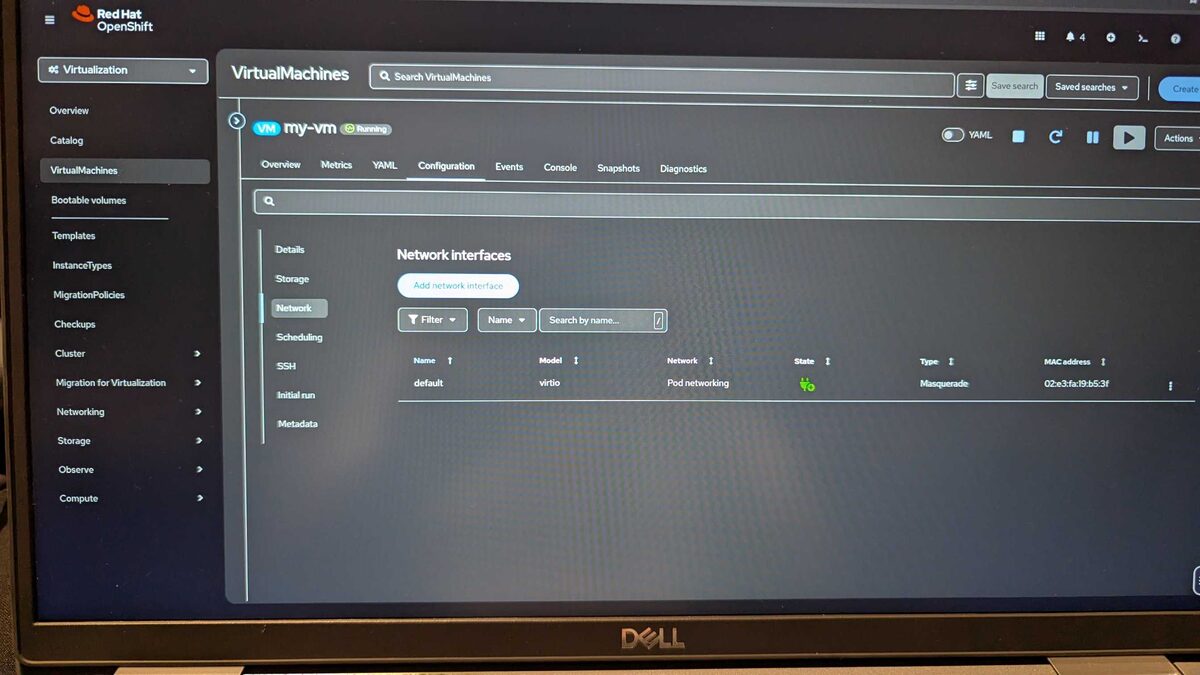 Network interfaces — default virtio NIC with Pod networking and Masquerade type