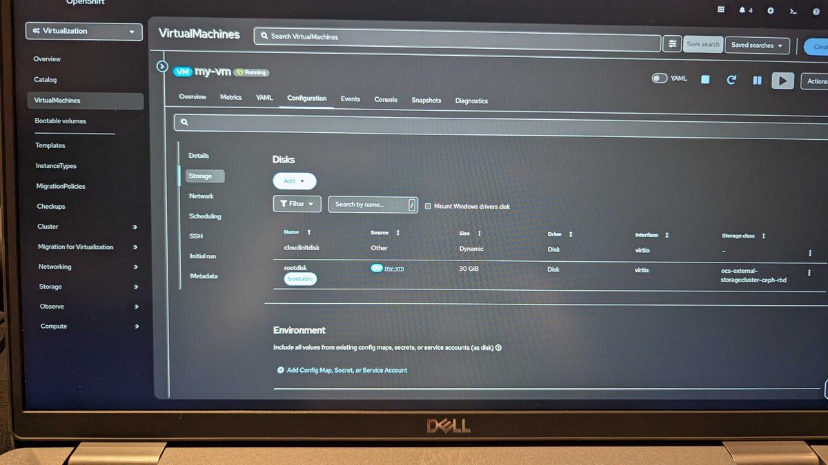 VM storage configuration — cloudinitdisk and rootdisk 30 GiB on ocs-external-storagecluster-ceph-rbd