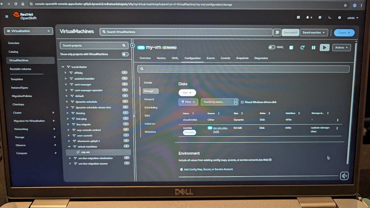 Post-migration storage — rootdisk 50 GiB now on custom-storage-class