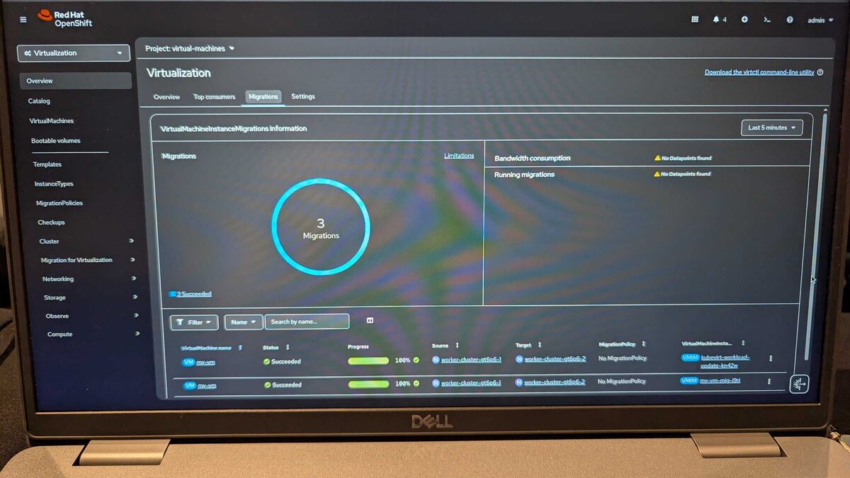 Migrations dashboard — 3 successful migrations, 100% progress, worker-to-worker