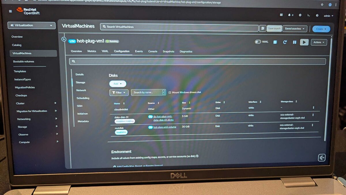 hot-plug-vm1 storage — cloudinitdisk, data-disk-01 (5 GiB Persistent HotPlug), rootdisk (30 GiB)