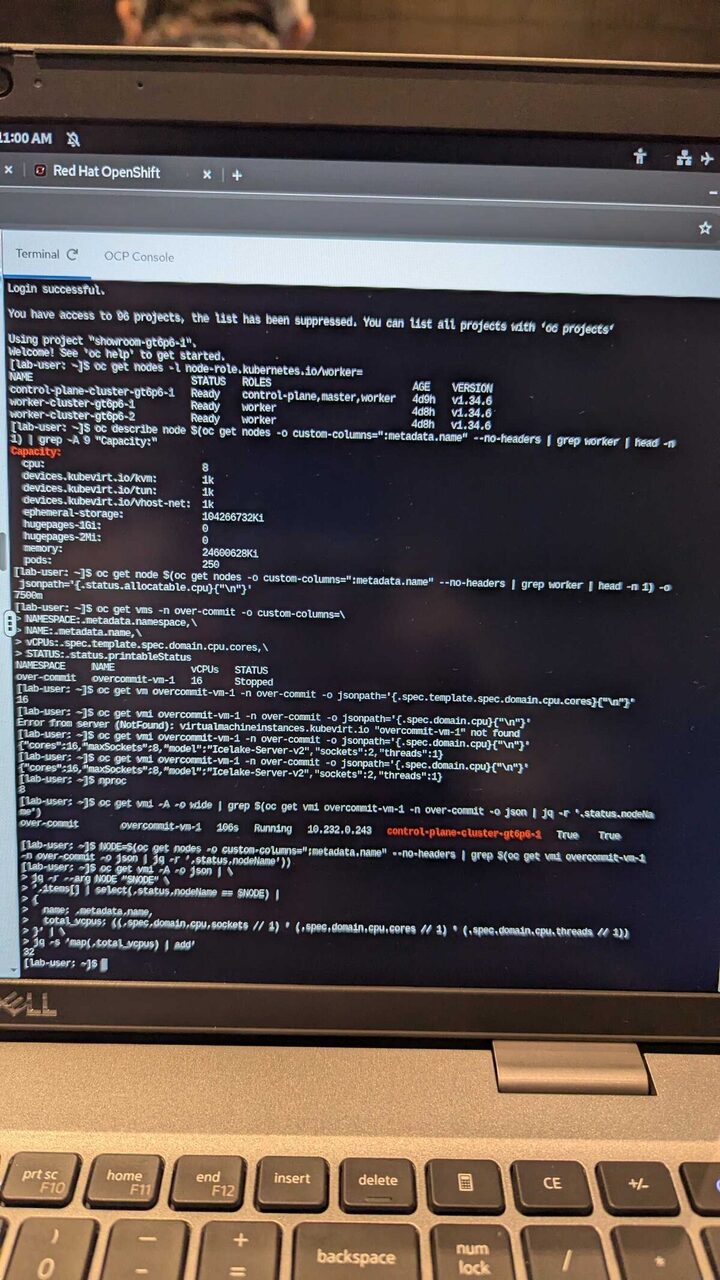 Terminal — full overcommit CLI session showing cluster capacity and VM status