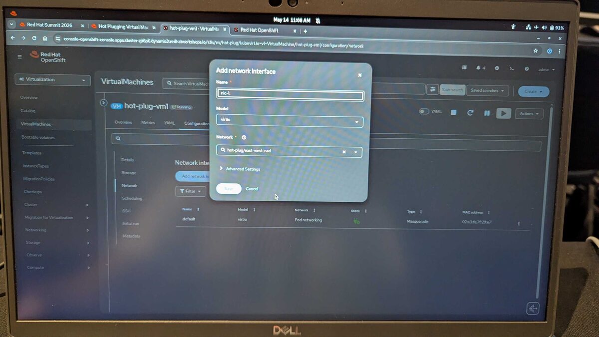 Add network interface — nic-1 with virtio model on hot-plug/east-west-nad NetworkAttachmentDefinition