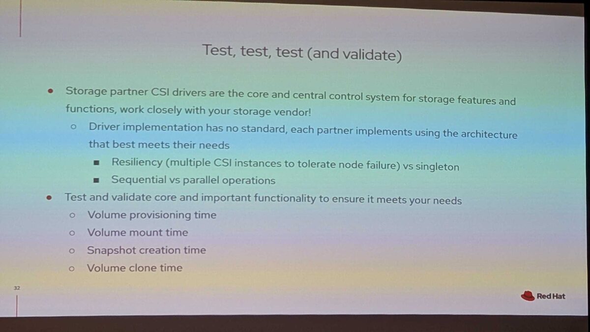 CSI driver testing guidance — validate provisioning, mount, snapshot, and clone times