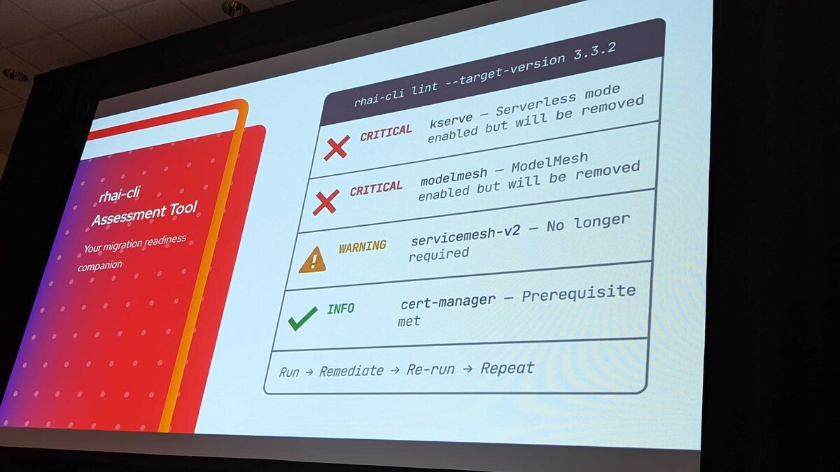 rhai-cli lint output — CRITICAL, WARNING, and INFO findings for migration readiness