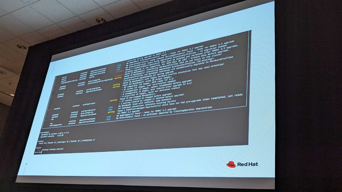 rhai-cli full output continued — summary with Total: 40, Passed: 12, Warnings: 16, Failed: 12, Prohibited: 0
