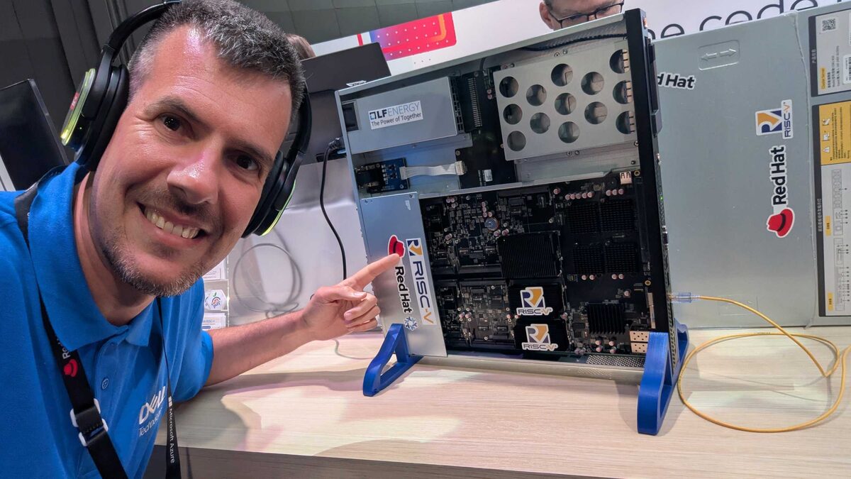 Luca Berton with RISC-V server hardware at Red Hat Summit 2026