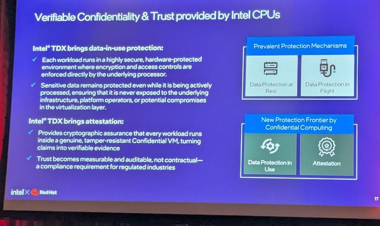 Slide "Verifiable Confidentiality & Trust provided by Intel CPUs" on data-in-use protection and attestation