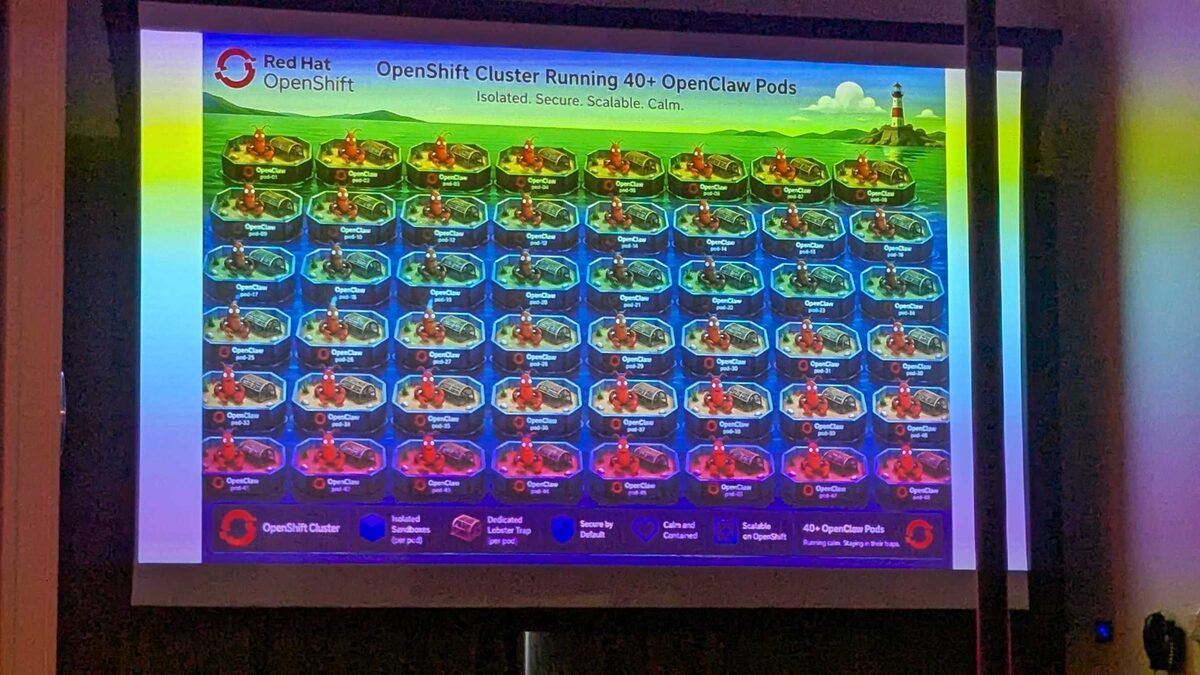 OpenShift cluster running 40+ OpenClaw pods — lobster trap isolation visual
