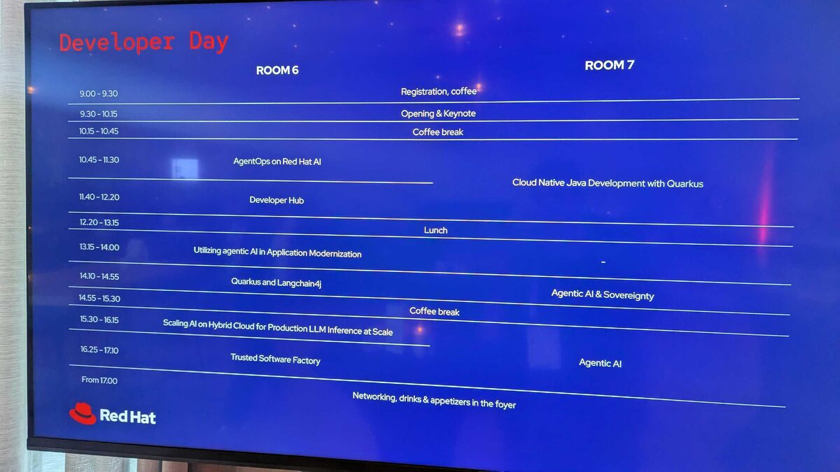 Developer Day schedule on screen — Room 6 and Room 7 sessions
