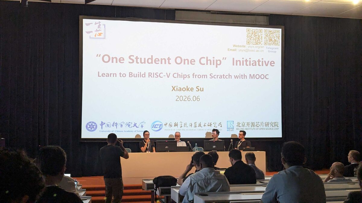 Xiaoke Su presenting the One Student One Chip initiative from Beijing Institute of Open Source Chip