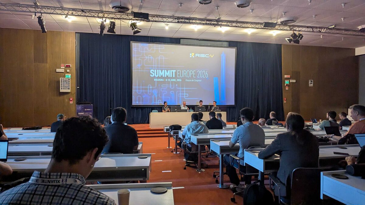 RISC-V Summit Europe 2026 main auditorium with panel and audience at Palazzo dei Congressi