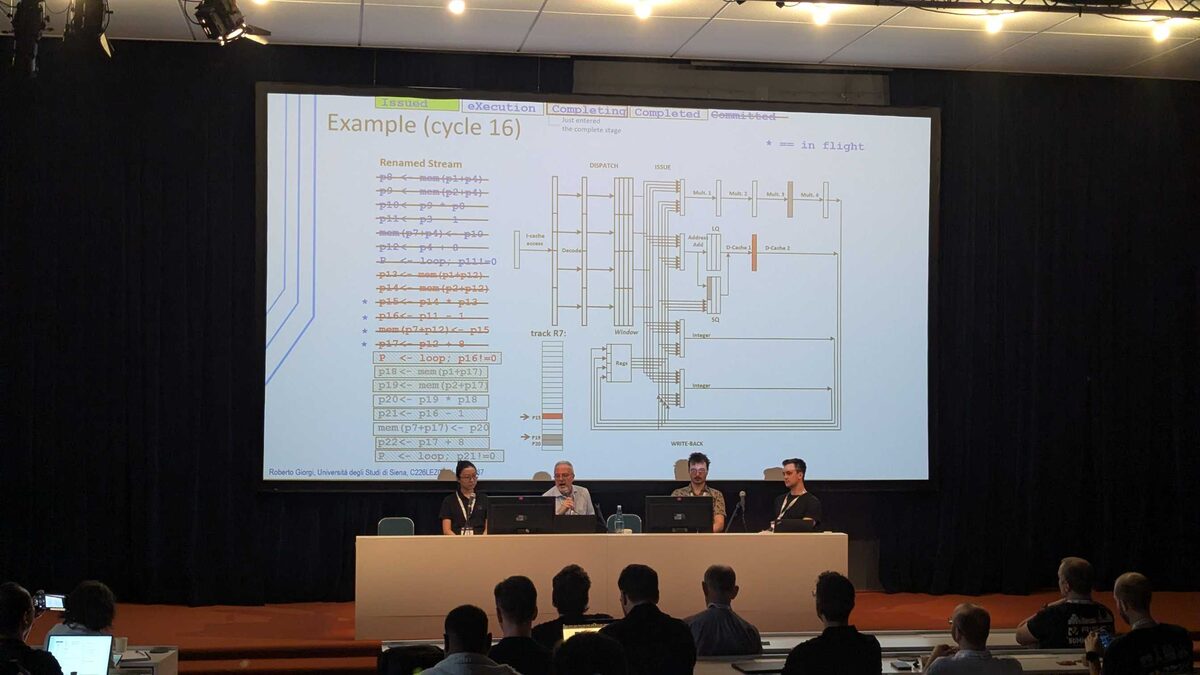 RISC-V processor pipeline architecture diagram — cycle 16 execution with dispatch, issue, and write-back stages
