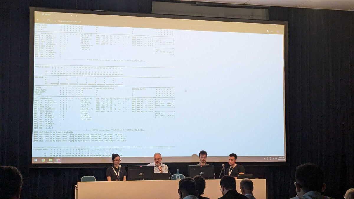 RISC-V pipeline simulator showing instruction dispatch, stalls, and reorder buffer state
