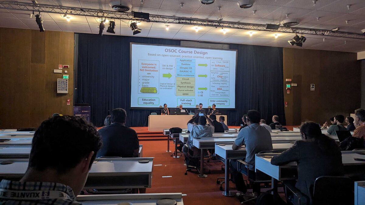 OSOC presentation at RISC-V Summit Europe 2026 — full auditorium view with engaged audience