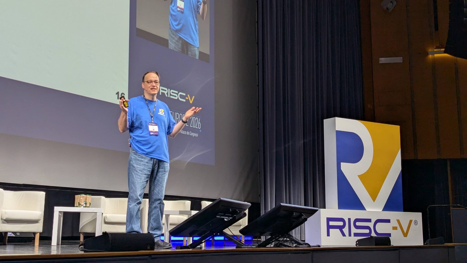 A keynote on the main stage at RISC-V Summit Europe 2026 with the RISC-V logo
