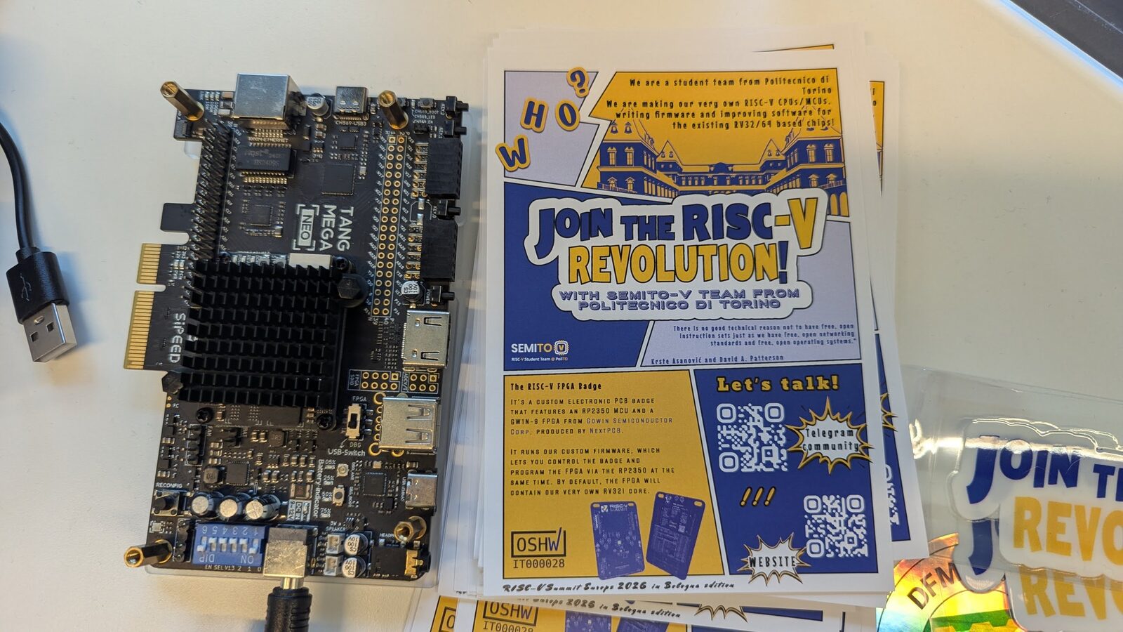 A RISC-V development board with a Join the RISC-V Revolution sign