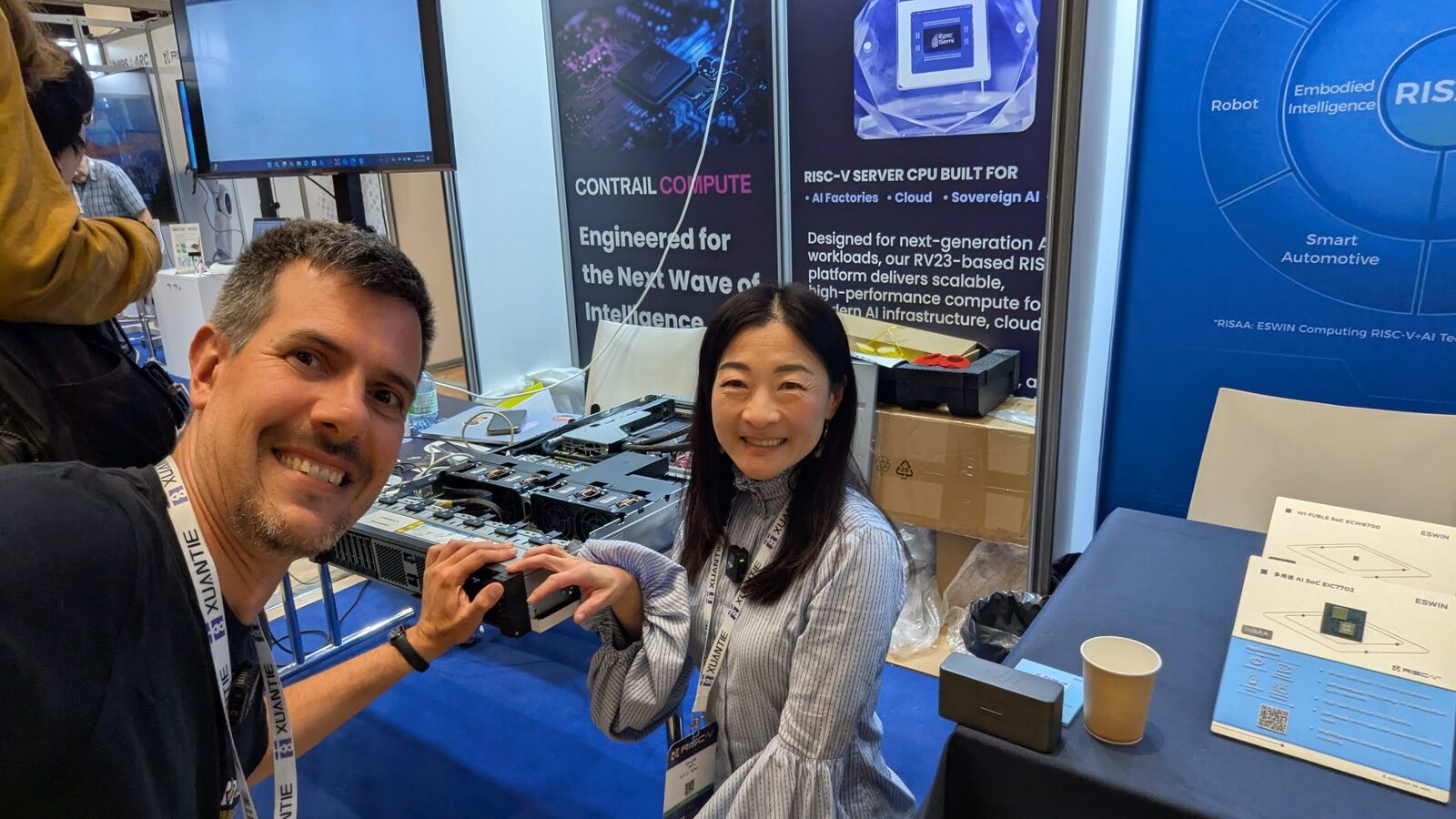 Close-up of an ESWIN RISC-V chip on the Summit expo floor
