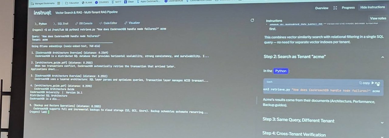 Workshop terminal output from the multi-tenant retrieval lab: a retrieval script run for tenant acme returns ranked document chunks with distances, beside the lab instructions
