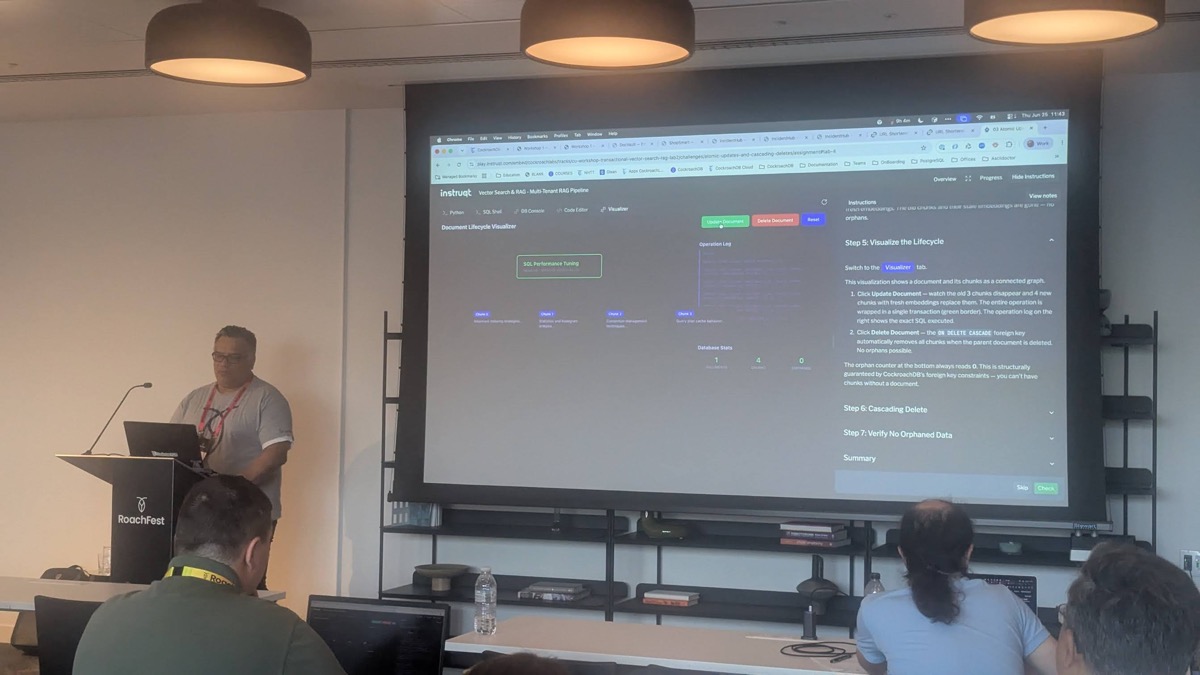 Hands-on workshop on transactional vector search and RAG multi-tenant pipelines at RoachFest London 2026