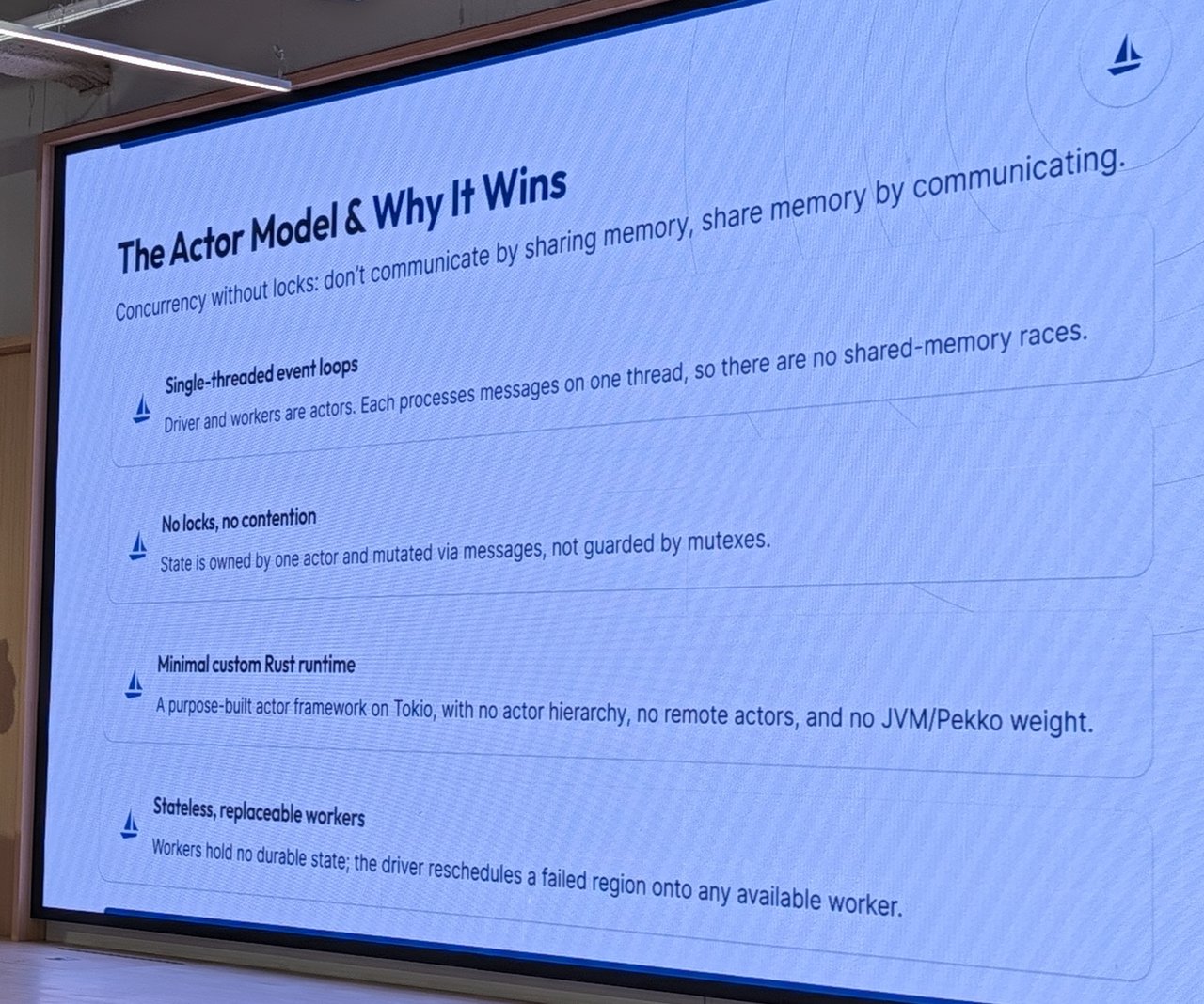 LakeSail slide "The Actor Model & Why It Wins": single-threaded event loops, no locks, a minimal custom Rust runtime on Tokio, and stateless replaceable workers