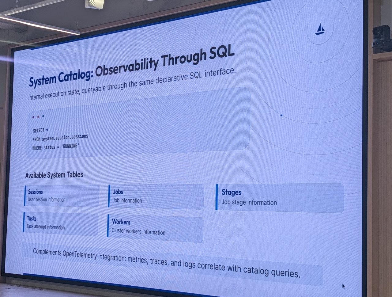 LakeSail slide "System Catalog: Observability Through SQL", with a query on system.session.sessions and system tables for sessions, jobs, stages, tasks and workers
