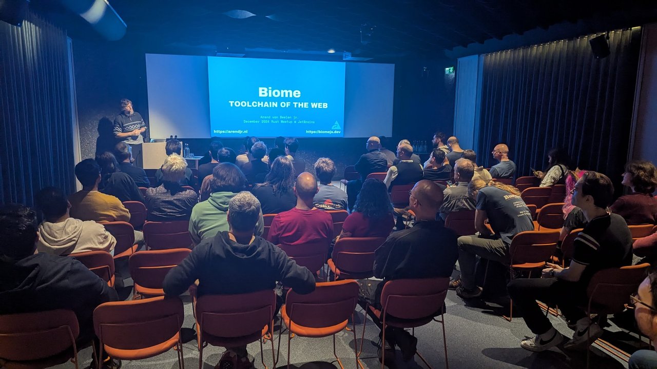 The Biome Toolchain of the Web title slide by Arend van Beelen jr. in front of a full room