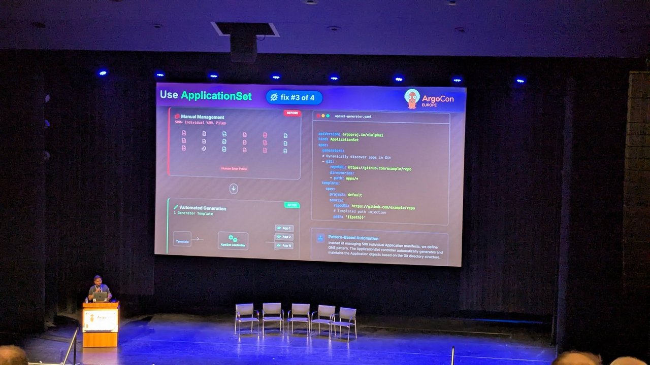 ArgoCon Europe 2026 slide Use ApplicationSet, fix 3 of 4, contrasting 500-plus individual Application YAML files with one Git directory generator template