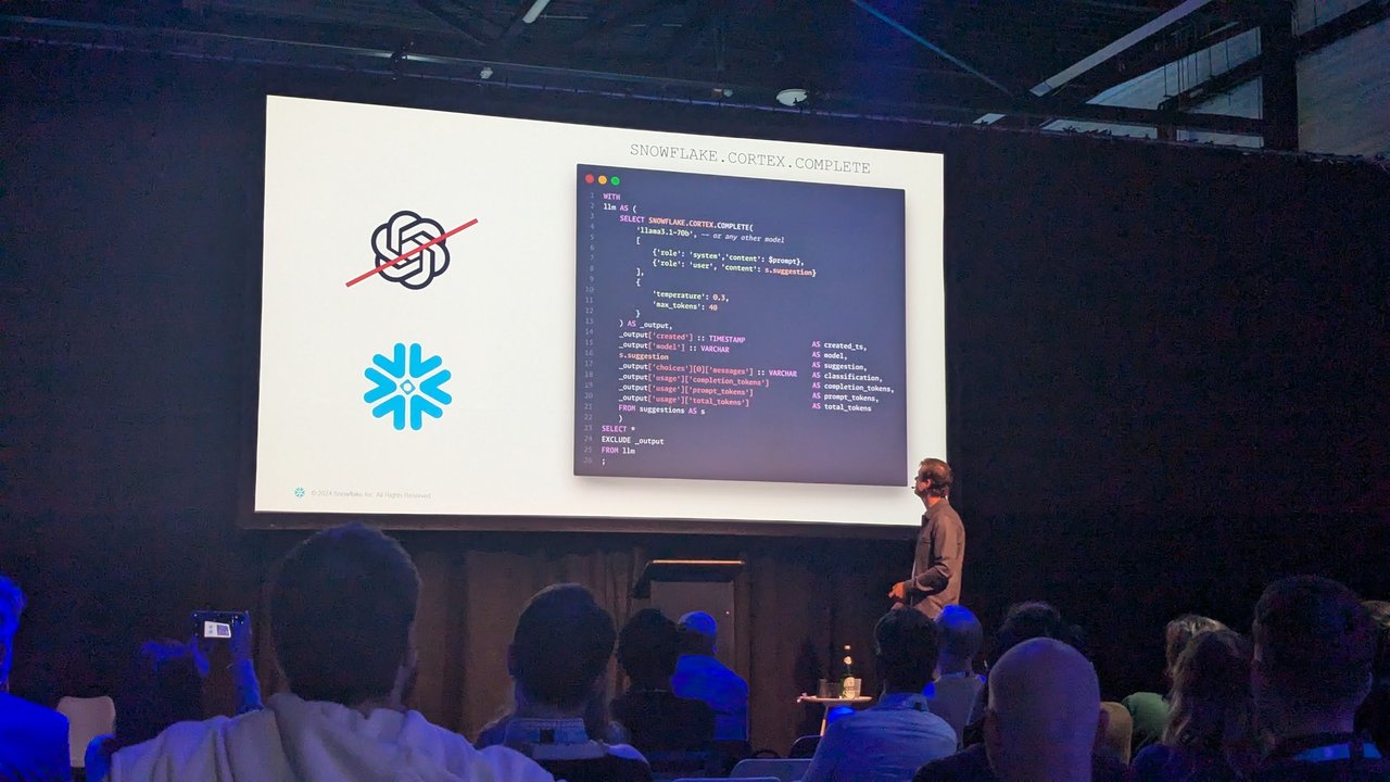 SNOWFLAKE.CORTEX.COMPLETE SQL slide using llama3.1-70b to classify product suggestions at Snowflake World Tour Amsterdam 2024