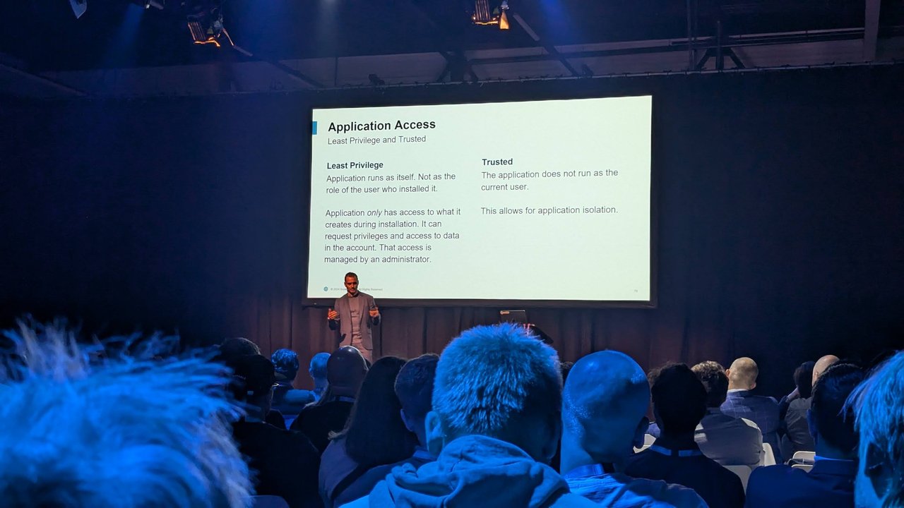 Application Access slide: least privilege and trusted, the application runs as itself, at Snowflake World Tour Amsterdam 2024
