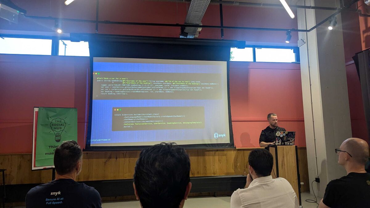 Code example showing @Tool annotation and AiServices builder with Quarkus/LangChain4j