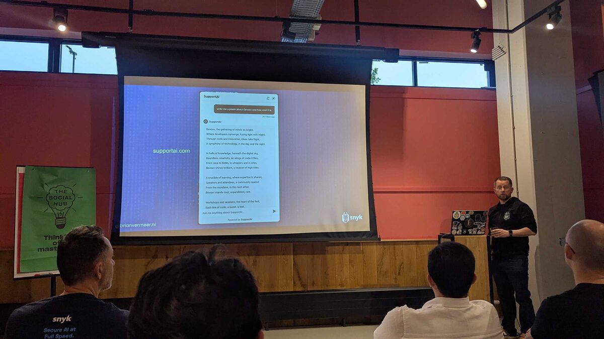SupportAI chatbot demo — "write me a poem about Devoxx" reveals the system has no guardrails