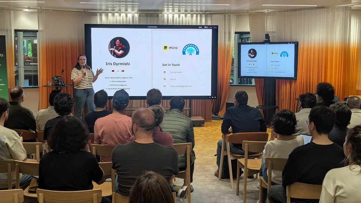 Iris Dyrmishi introduction slide — Senior Observability Engineer at Miro, CNCF Ambassador