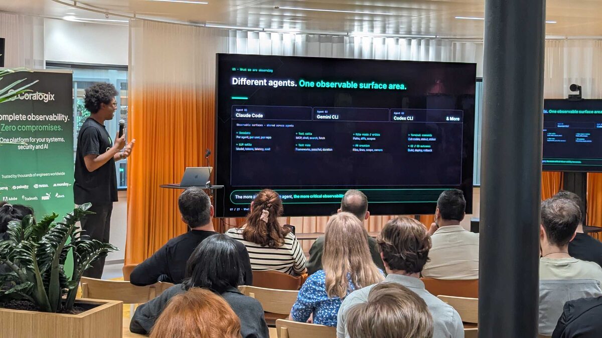 We solved distributed systems with shared telemetry — same pattern for AI. Sources via OTLP to OpenTelemetry to Coralogix