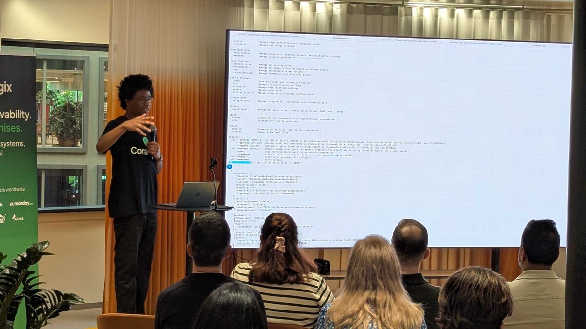 Lewis Isaac live demo — cx-cli command tree showing alerts, incidents, notifications, parsing rules, enrichments, SLOs, quotas, integrations
