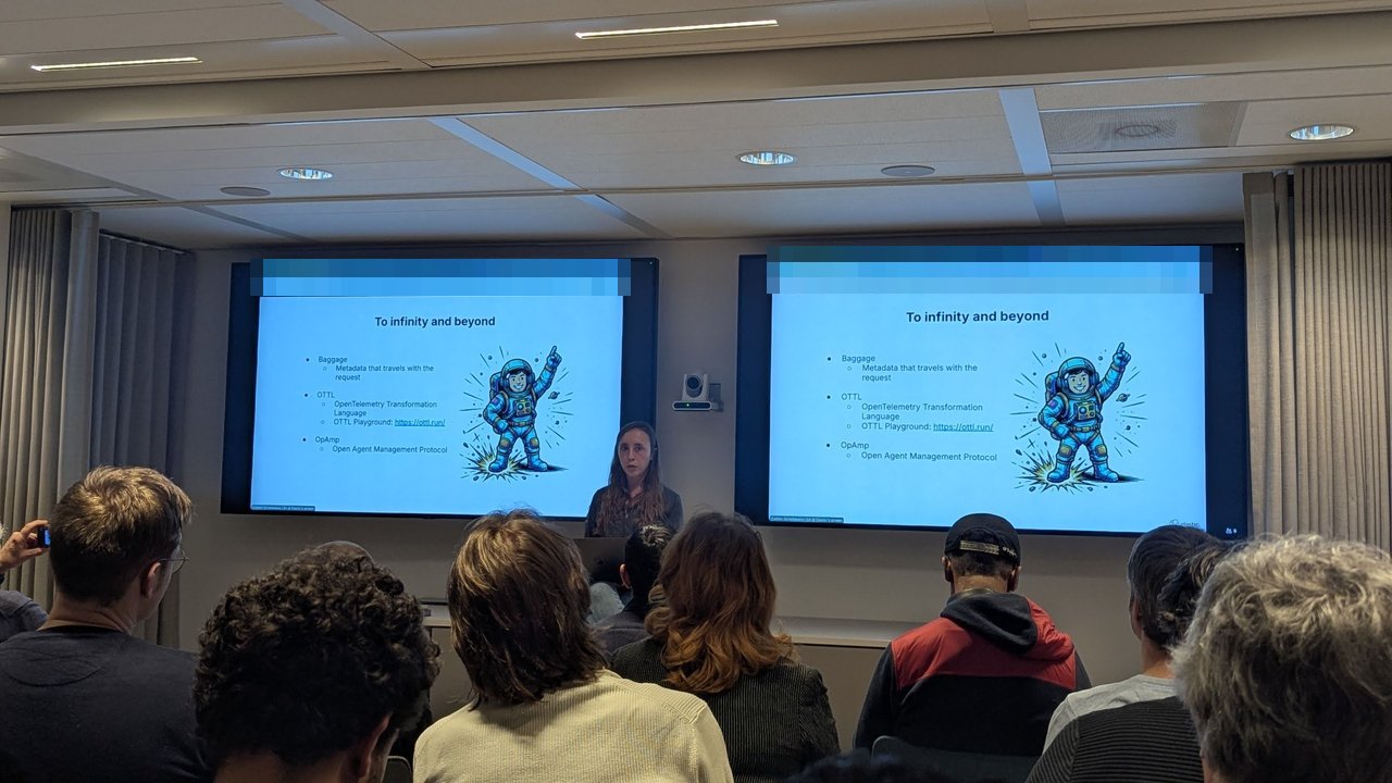 To infinity and beyond slide listing OpenTelemetry Baggage, OTTL and OpAMP at the SRE NL meetup at Elastic Amsterdam