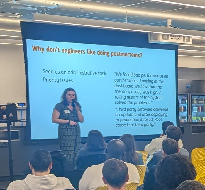 Line presenting the Why don't engineers like doing postmortems slide, with two example postmortem quotes about a rolling restart and a third-party update