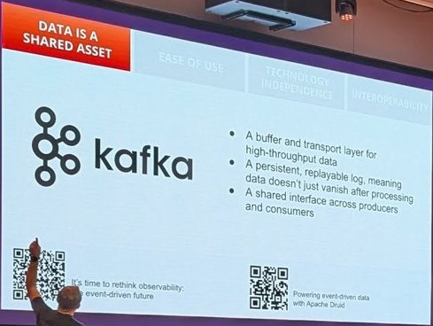 Close-up of the slide: Data is a shared asset, Kafka as a buffer and transport layer, a persistent replayable log, and a shared interface across producers and consumers