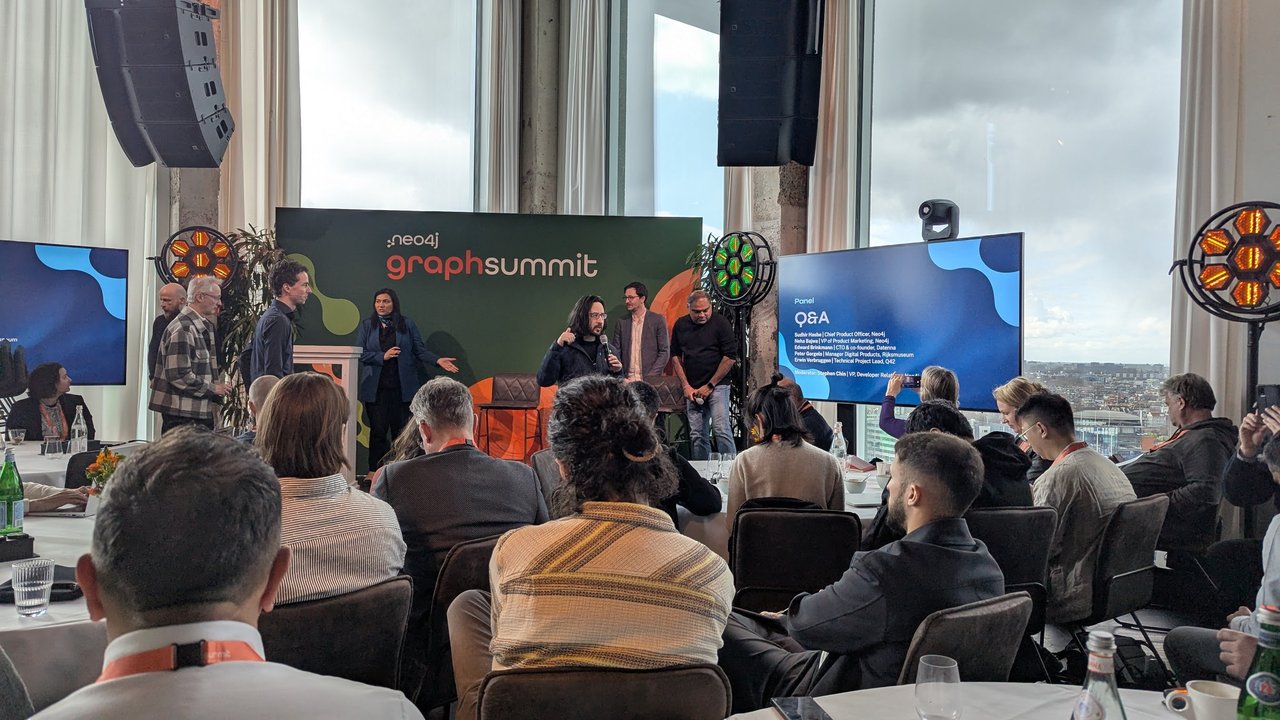 Q&A panel slide at GraphSummit Amsterdam 2025 listing the panellists and Stephen Chin as moderator