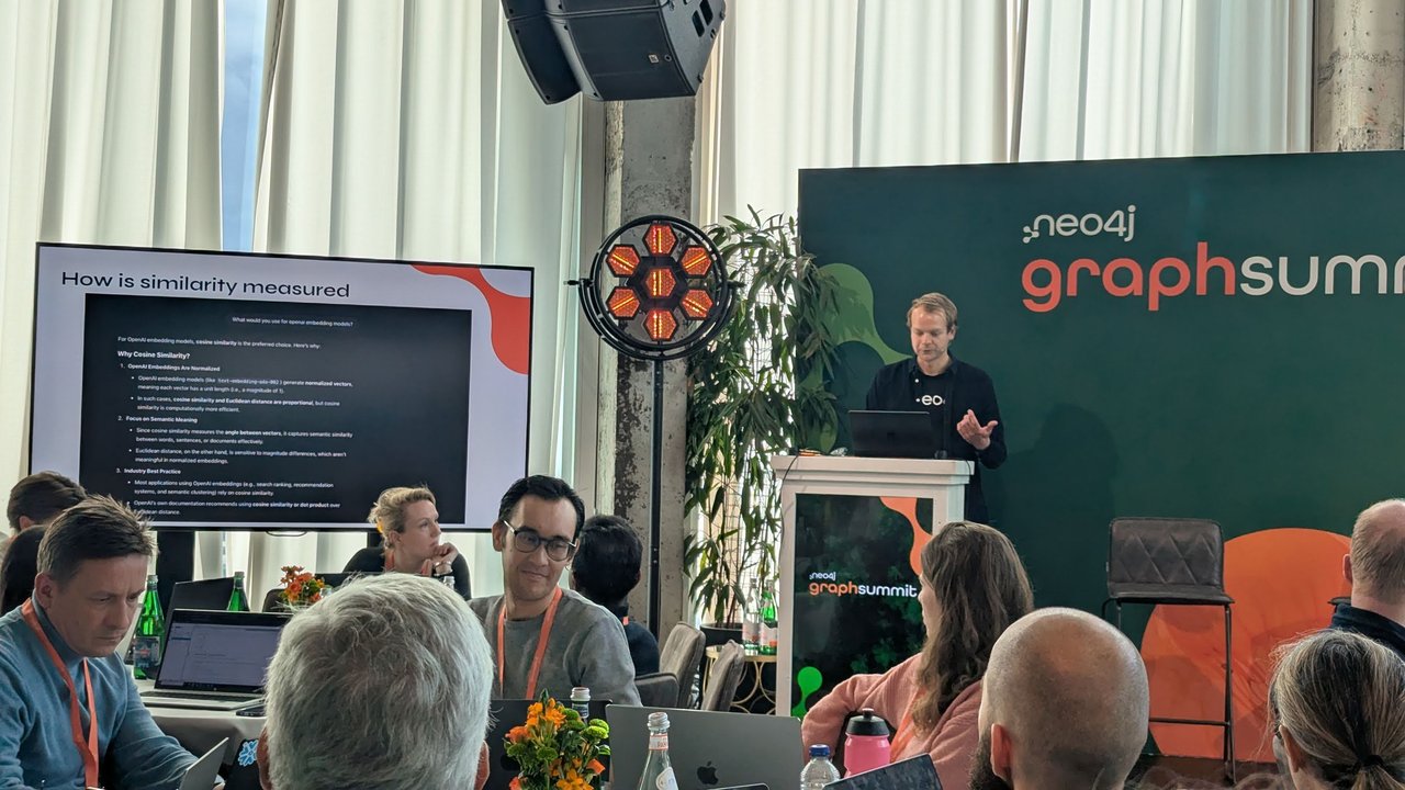 How is similarity measured slide at GraphSummit Amsterdam 2025 explaining why cosine similarity is the preferred choice for OpenAI embedding models