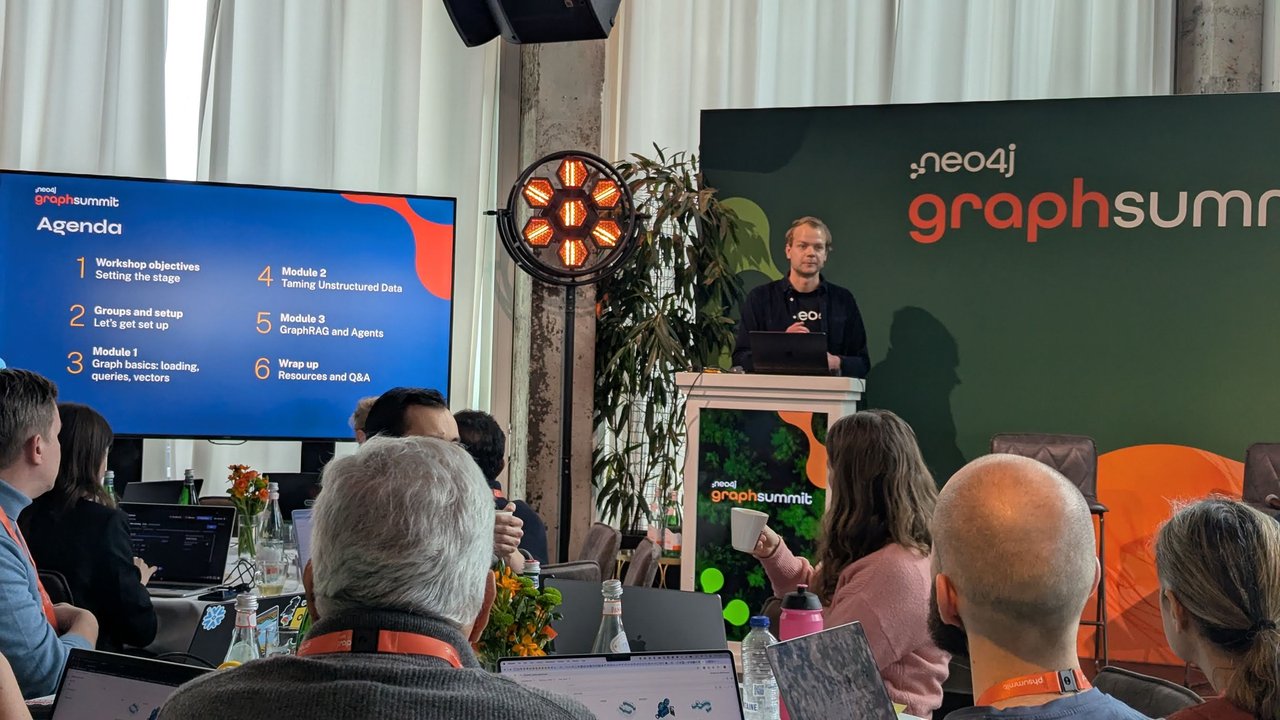 GraphSummit Amsterdam 2025 workshop agenda: graph basics with loading, queries and vectors, taming unstructured data, and GraphRAG and agents