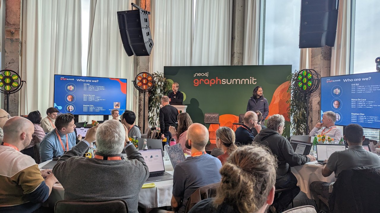 Who are we? slide introducing the three presenters of the GraphSummit Amsterdam 2025 workshop, with the presenter at the lectern